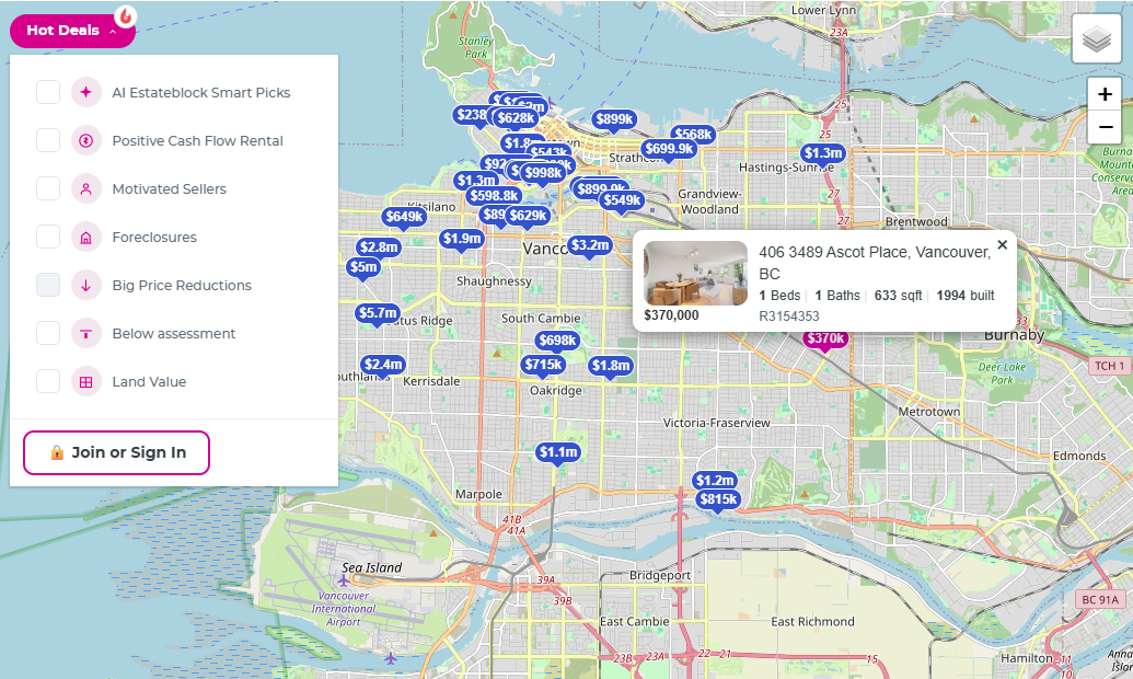 Hot Deals menu open on the EstateBlock live map