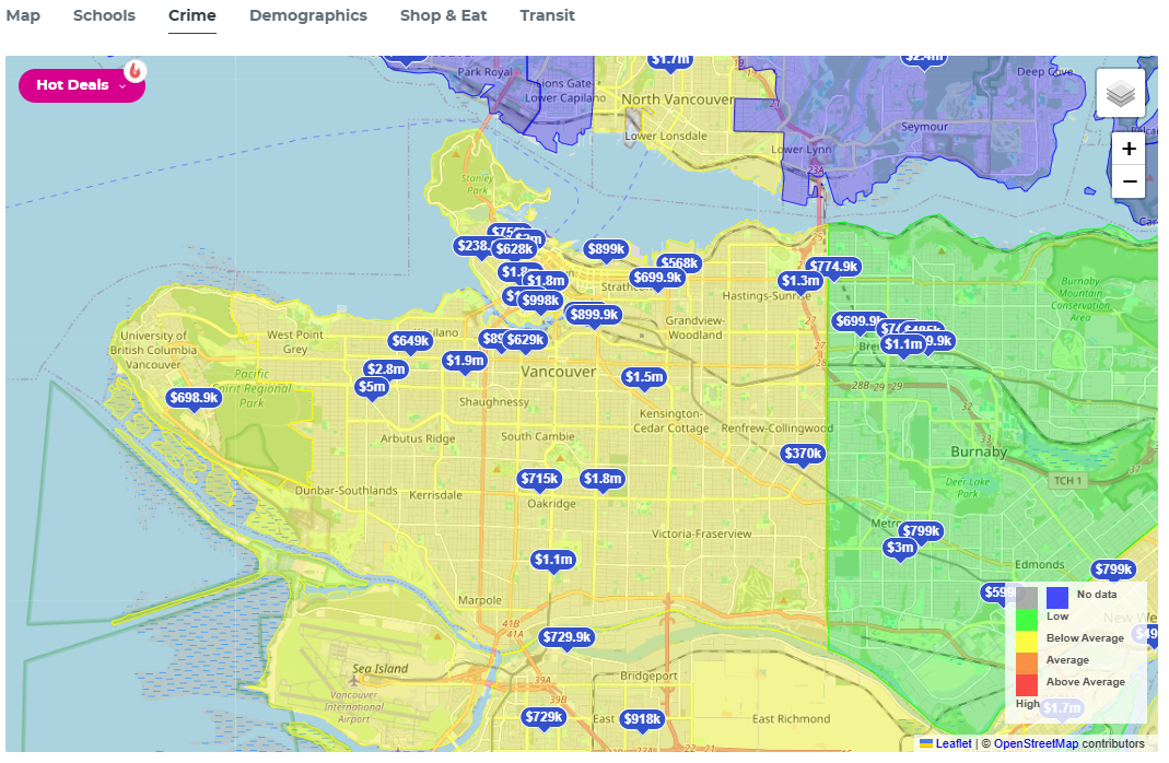 Crime map layer with a colour-coded heat map