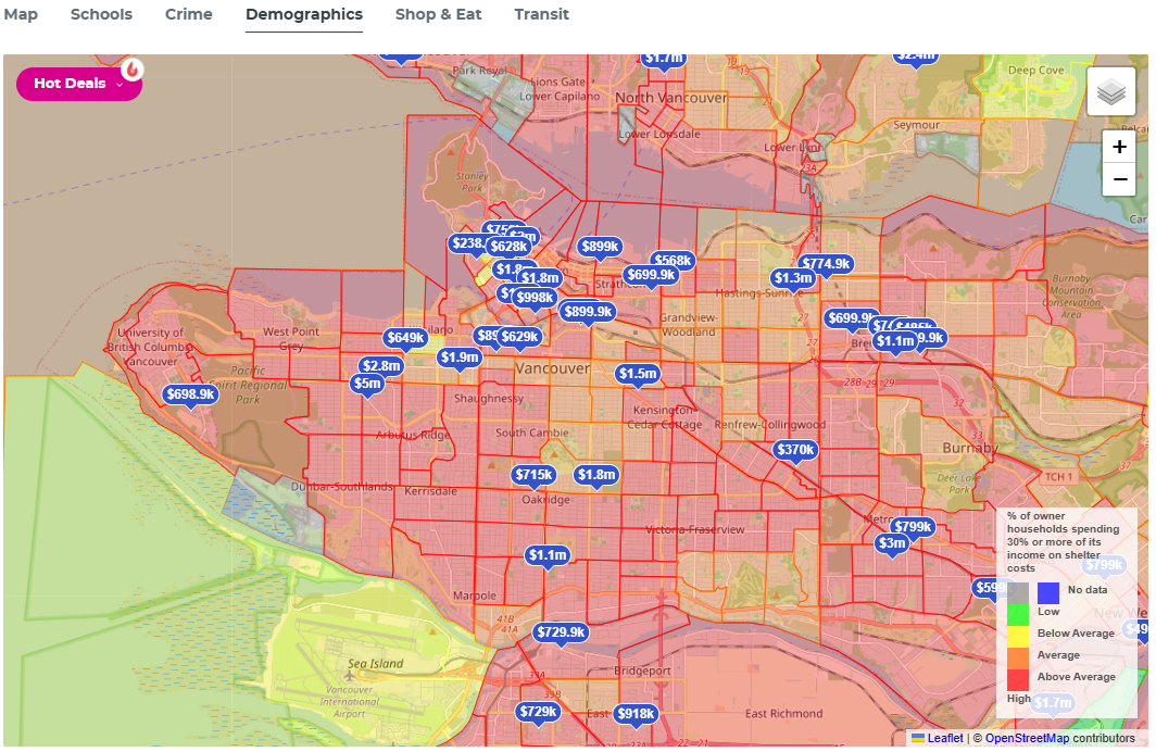 Demographics map layer with income, population, language, children, transport and education sub-layers