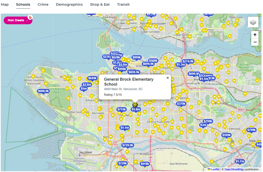 Schools map layer showing catchment area boundaries and ratings