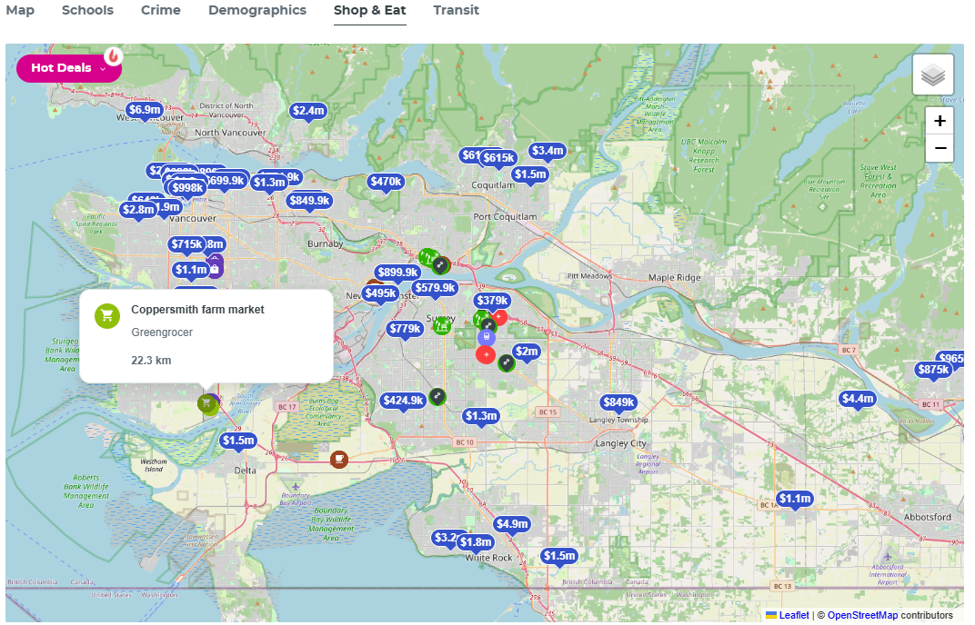 Shop and Eat map layer showing nearby restaurants, cafes and stores