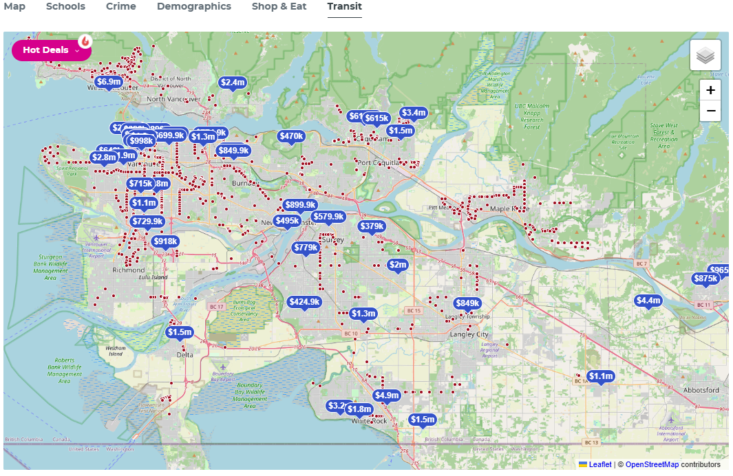 Transit map layer with bus stops, SkyTrain and West Coast Express lines