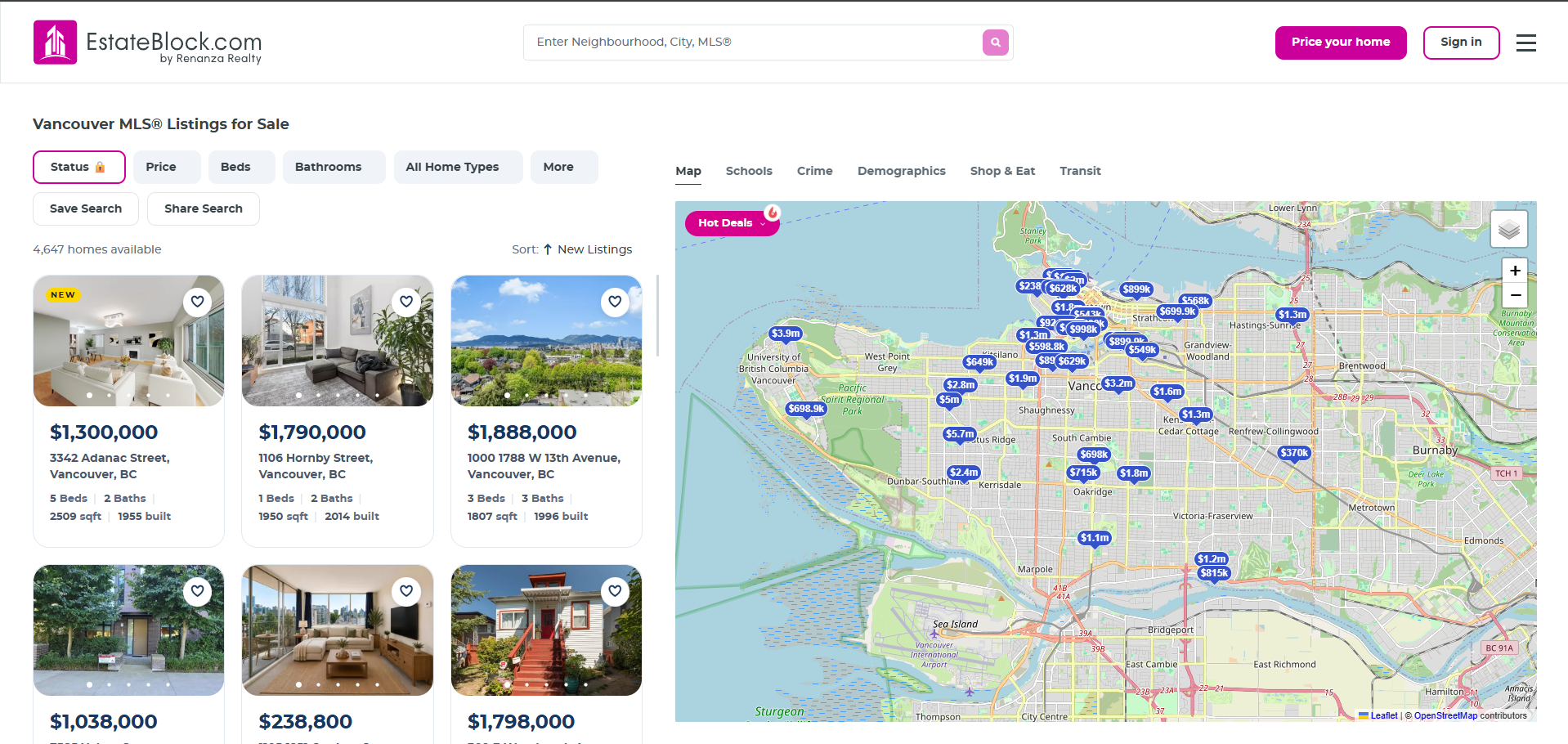 Split view of listing cards and a live map with price bubbles and data layer toggles